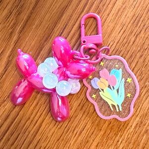 Pearl Kawaii Cartoon Cute Balloon Dog Keychain with Multicolored Floral Charm